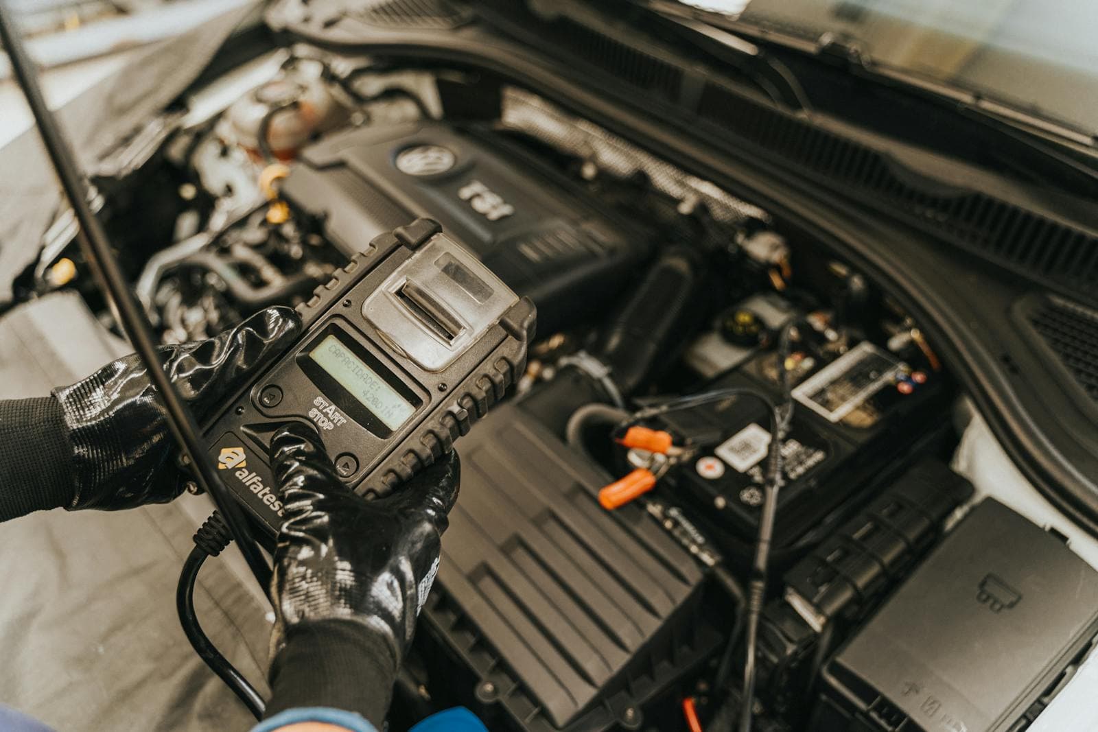 Open engine bay during a car service
