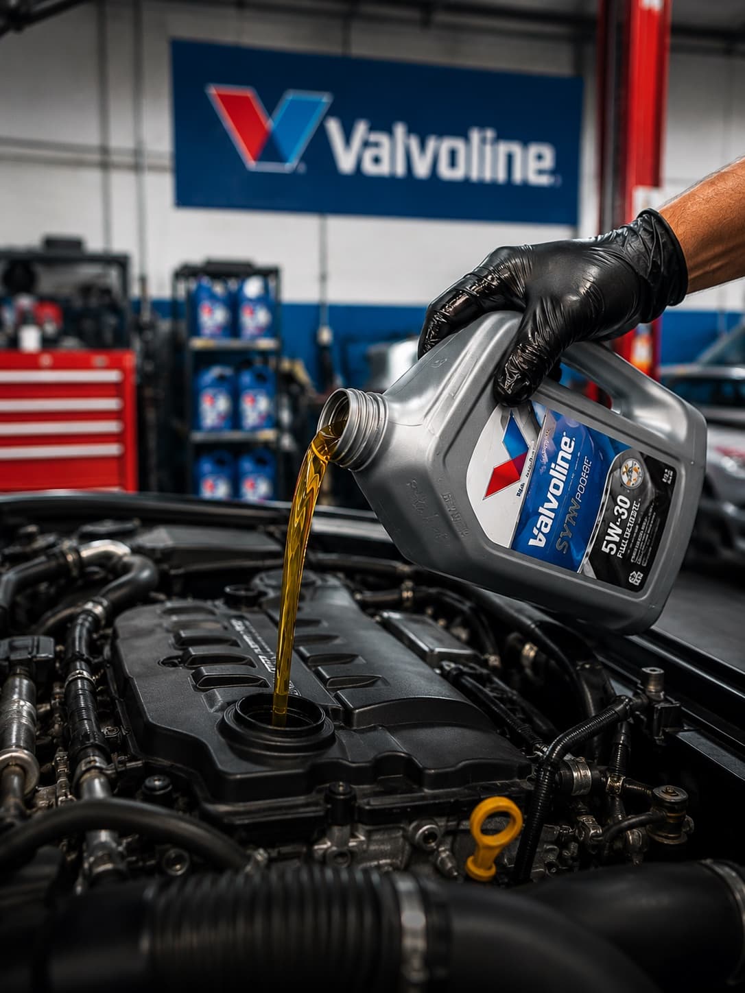 Valvoline 5W-30 engine oil being poured into an engine under a Valvoline banner
